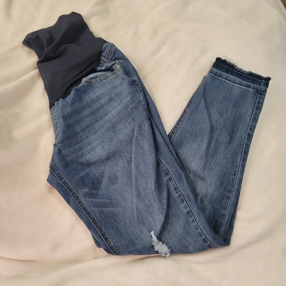 Time Tru Maternity Jeans Sz 8 10 Medium Blue Distressed‎ Denim Pregnancy Pants